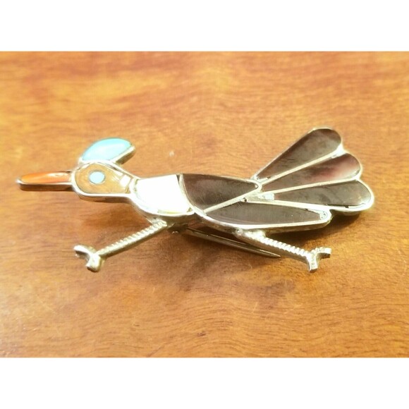 Zuni Native American Sterling Silver Turquoise Coral Roadrunner Brooch Pendant - Picture 1 of 3